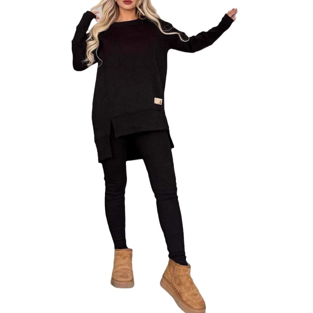 Women's Casual Solid Color Long Sleeve Round Neck Slit Top Set
