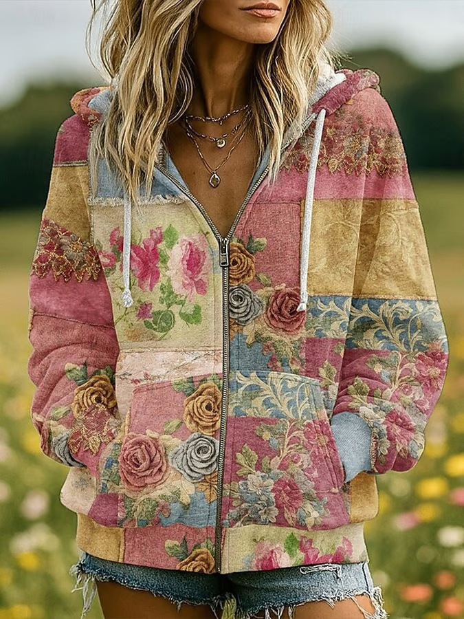 Women's Floral Pumpkin Print Zip-Up Hoodie