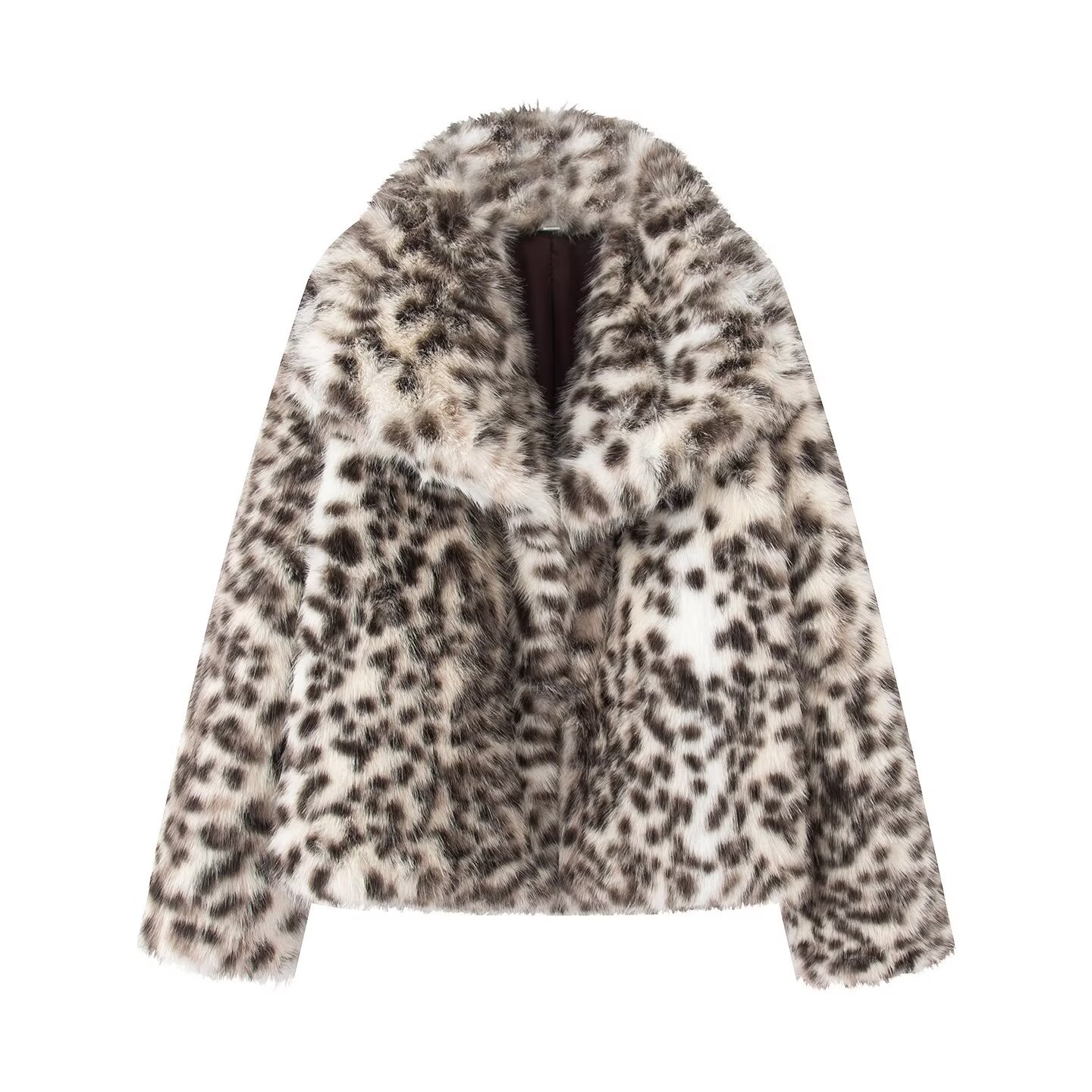 Animal Print Faux Fur Coat with Lapel Collar