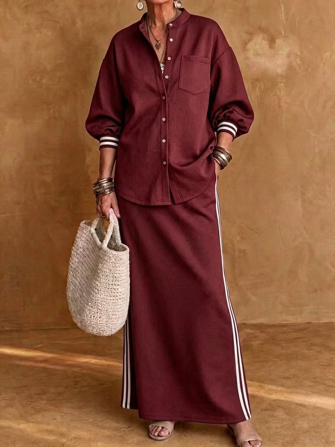 Women's Button-Up Collared Shirt and Striped Midi Skirt Two-Piece Set