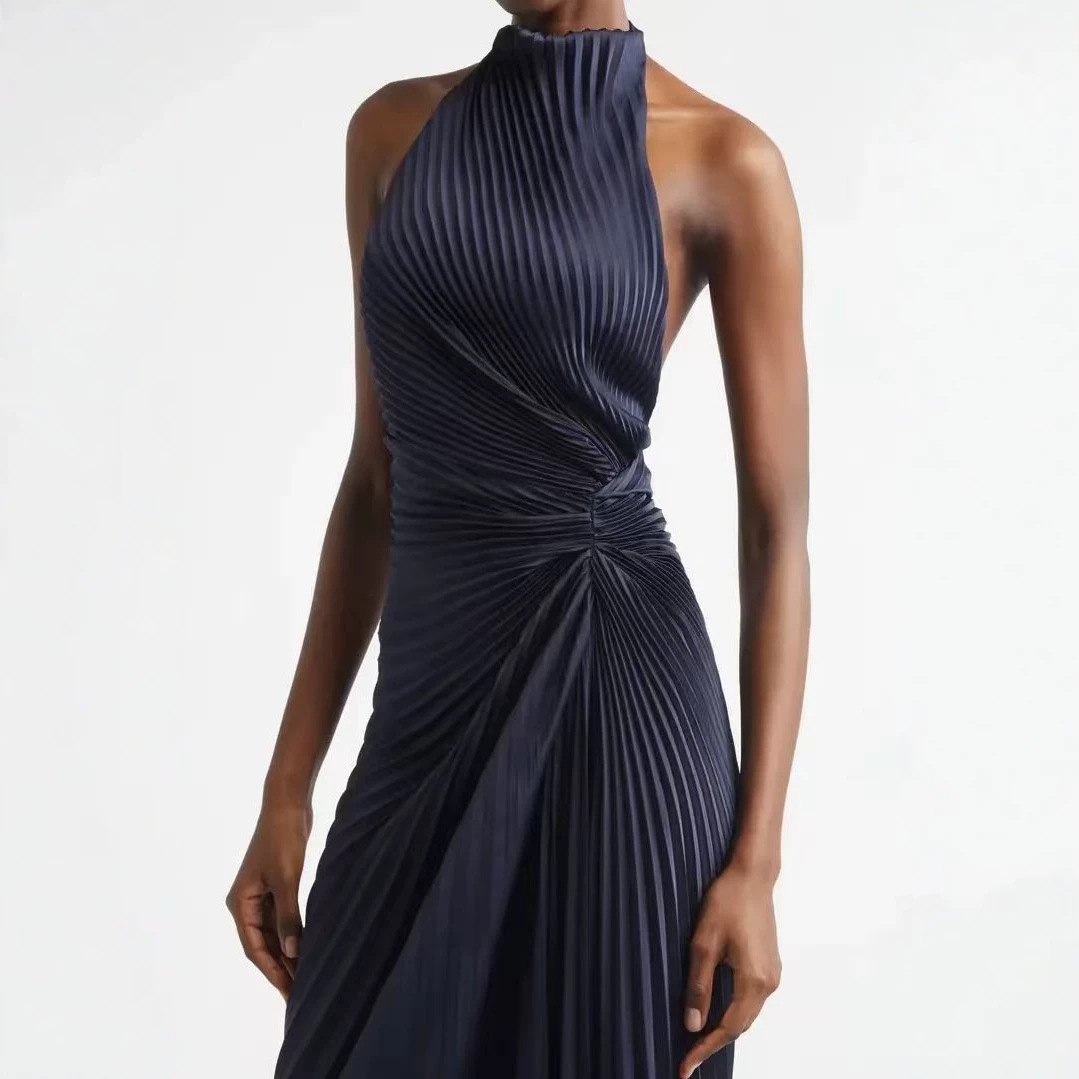Navy Blue High-Neck Halter Pleated Long Dress with Twist-Front Waist