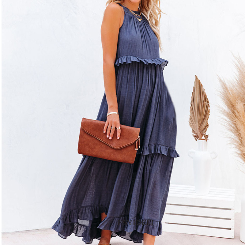 Ruffled Long Vacation Dress with Flowy Maxi Skirt