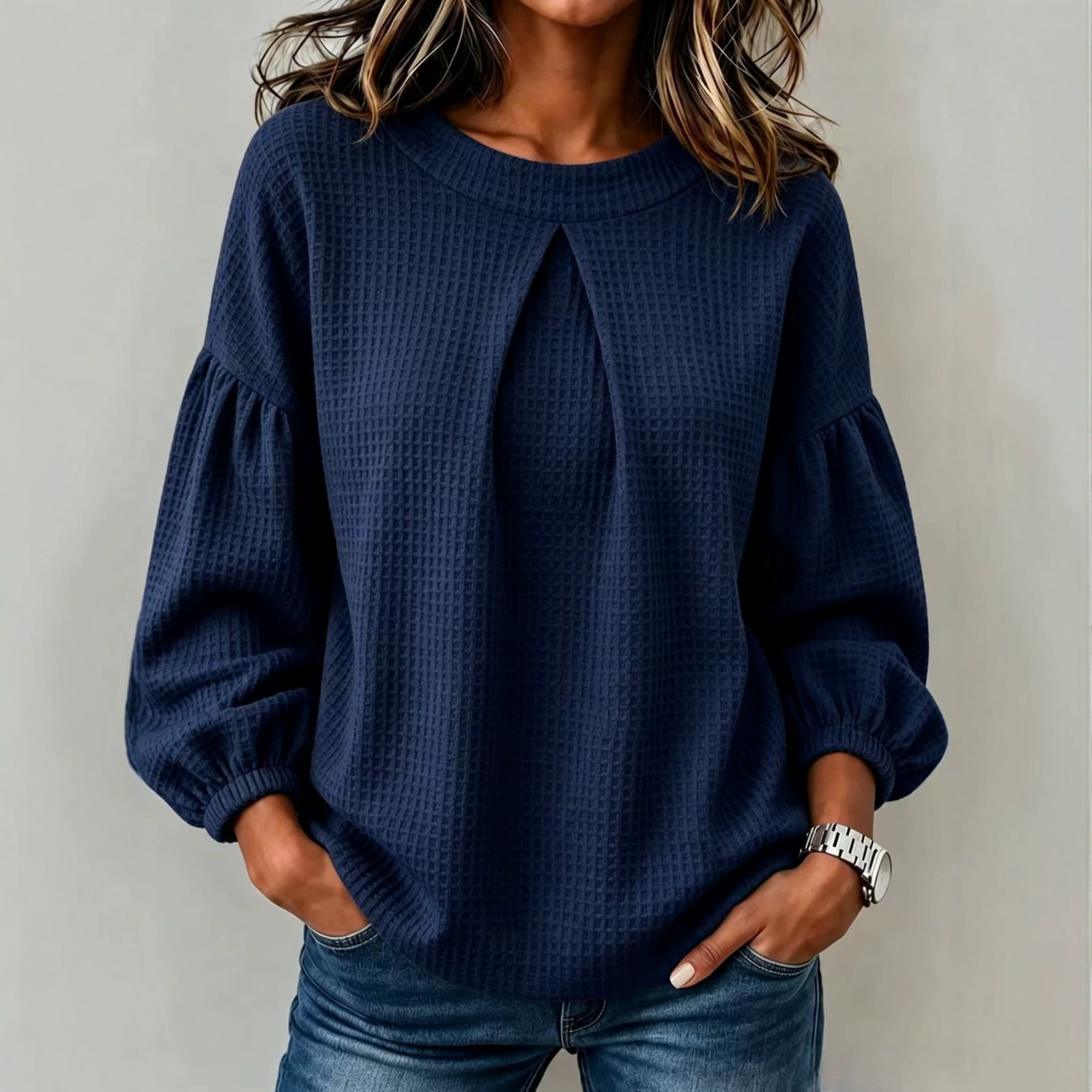 Women's Colorblock Lantern Sleeve Crewneck Loose Solid Long Sleeve Top Sweatshirt