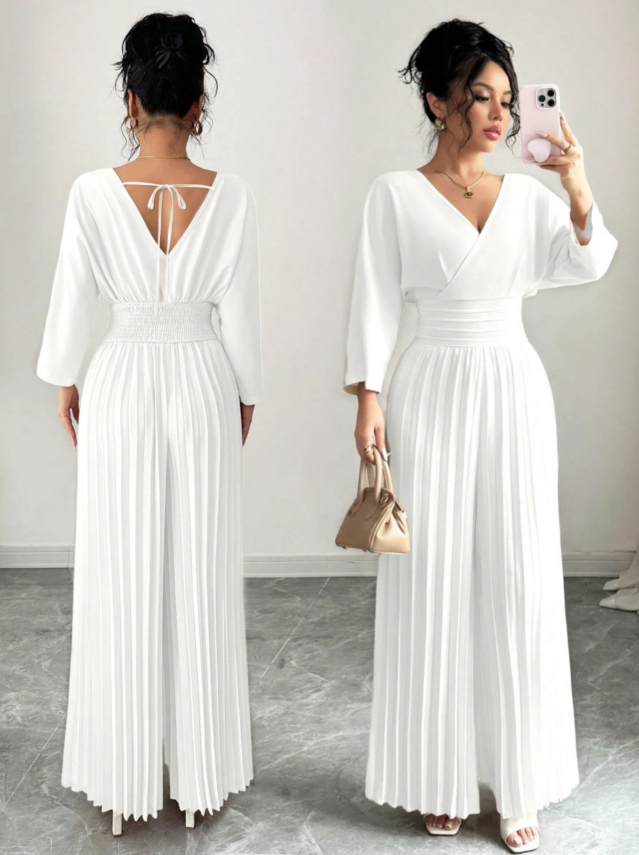 Elegant Solid V-Neck Pleated Waist-Defining Wide-Leg Jumpsuit
