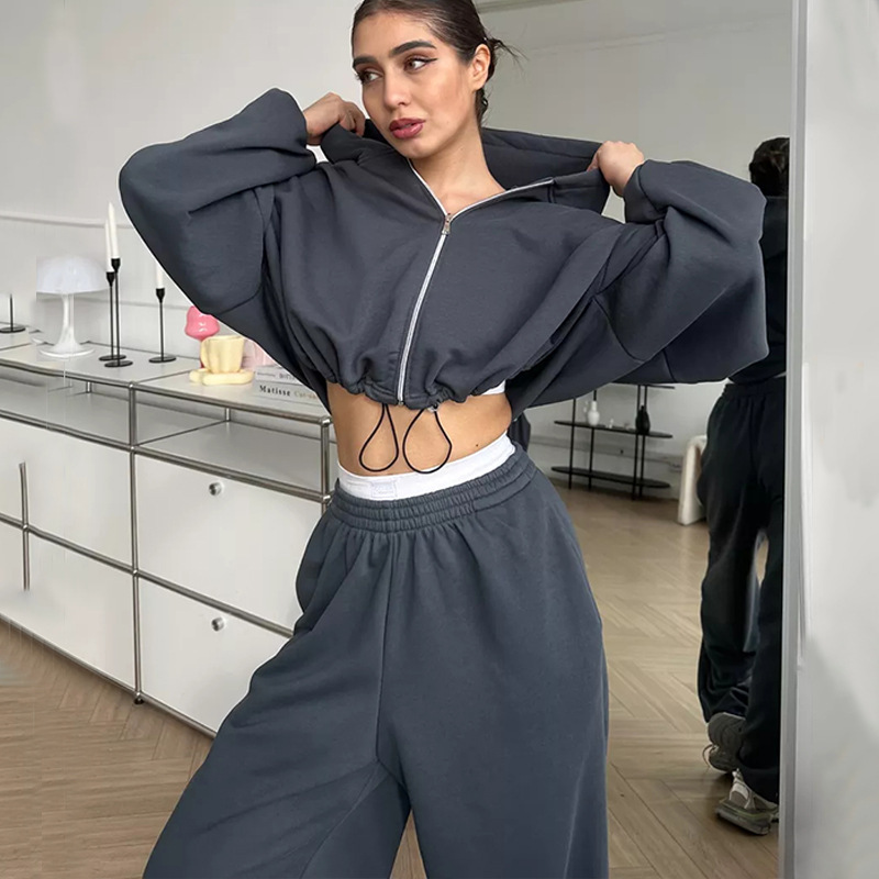 Women's Solid Color Zip-Up Hoodie and Drawstring Jogger Two-Piece Set