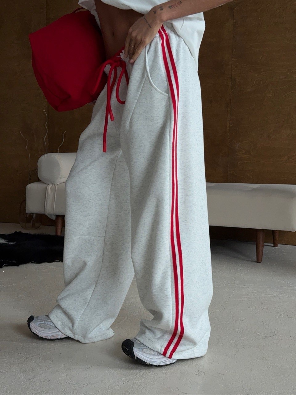 Side-Stripe High-Waist Straight-Leg Wide-Leg Pants Retro Sporty Relaxed Casual Women's
