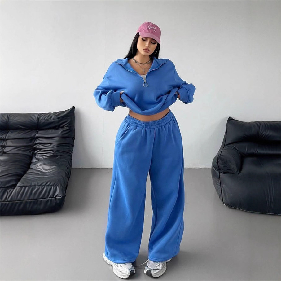 Women's Half-Button Pullover Hoodie and Pants Two-Piece Set