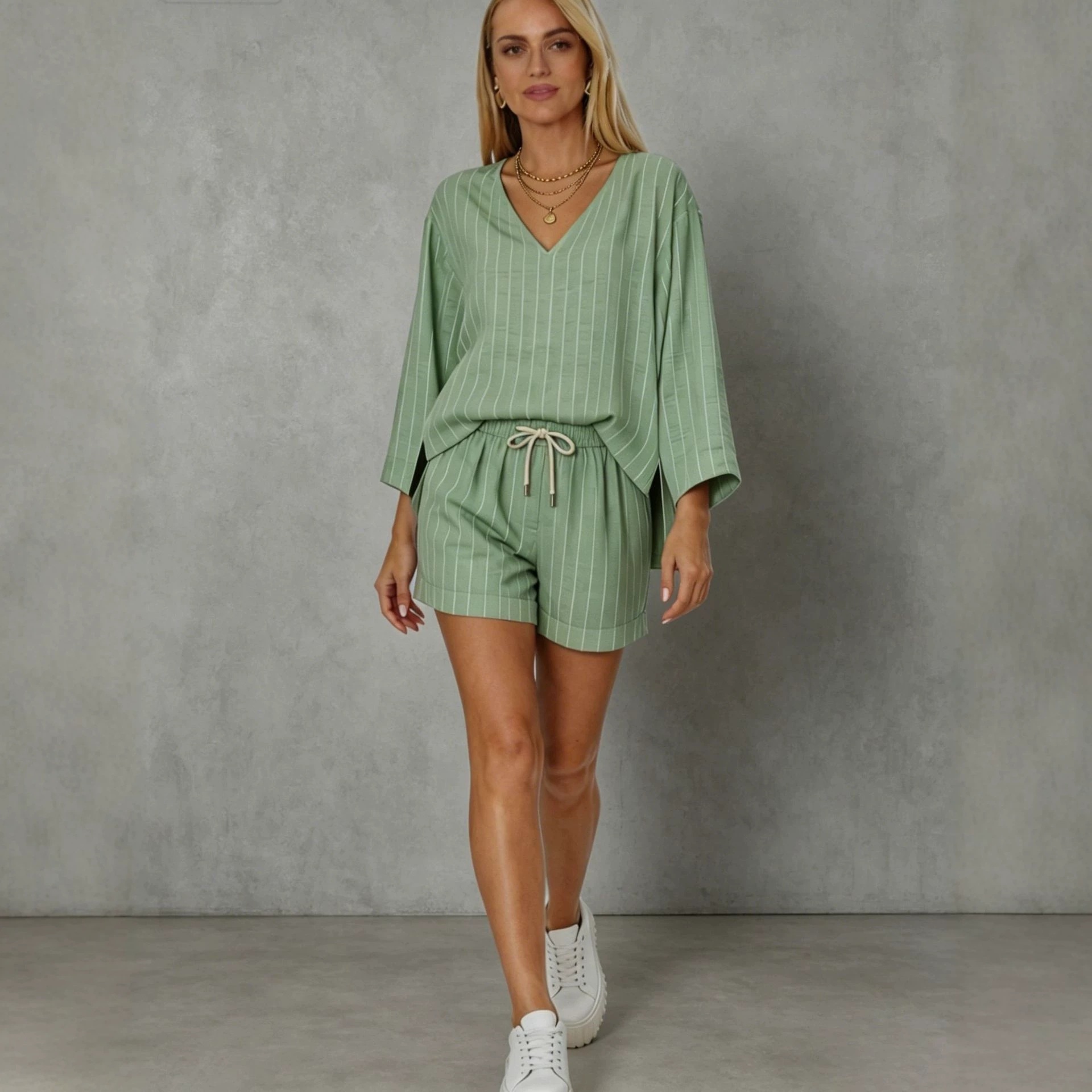 Women's Striped Two-Piece Set V-Neck Long Sleeve Top & Shorts