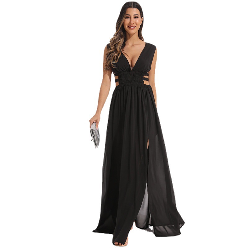 Women's Deep V-Neck Backless Maxi Dress with Flared Skirt