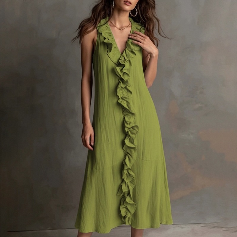 Beach Vacation Dress Women's Summer V-Neck Ruffle Maxi Dress