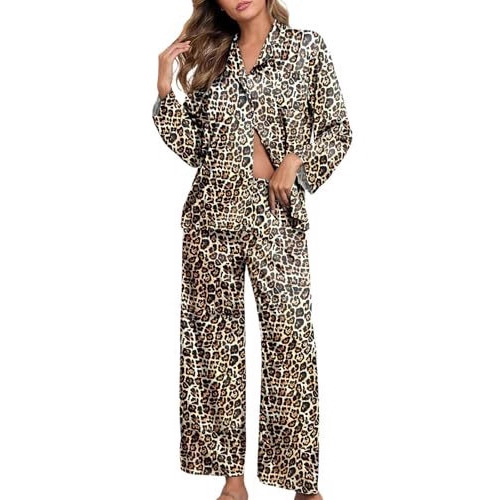 Cuban Collar Floral Coin Leopard Leaf Print Long Sleeve Women's Set