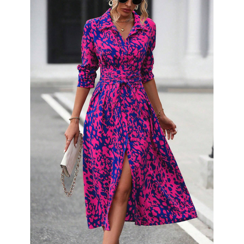 Printed Faux Suede Long Shirt Dress with Polo Collar