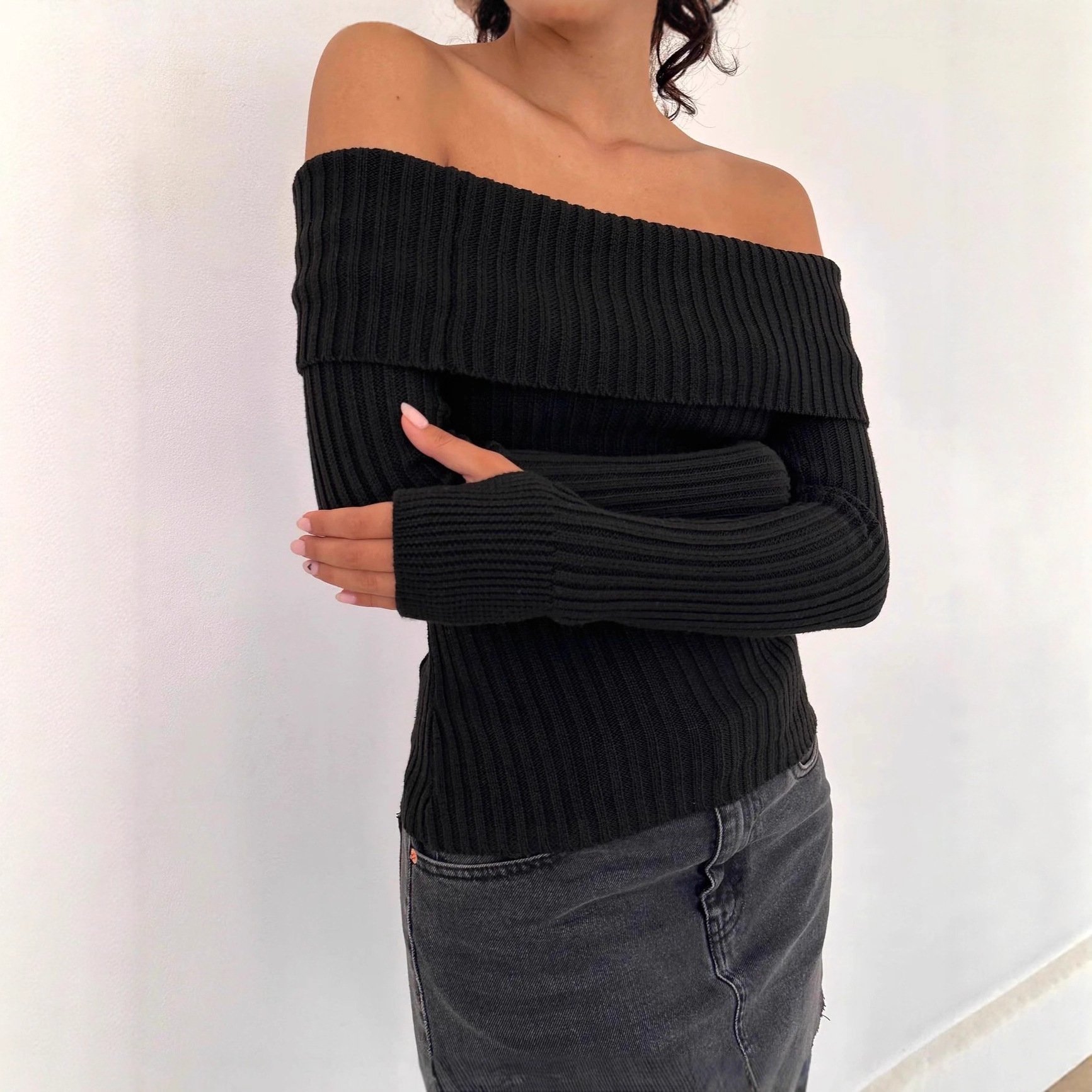 Sexy One-Shoulder Ribbed Slim-Fit Sweater with Oversized Collar