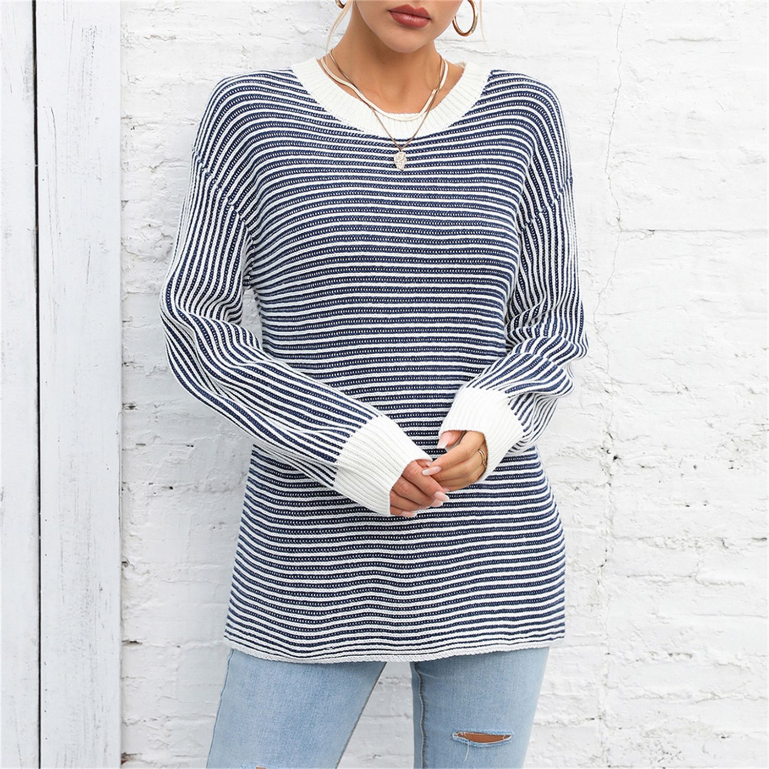 Color-Block Striped Crewneck Pullover Knit Sweater