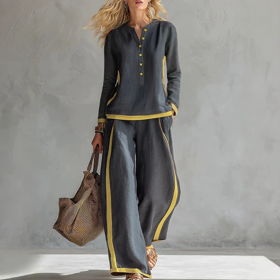 Women's Color-Block Cotton-Linen Two-Piece Set Button-Front Stand Collar Long Sleeve Top & Side-Striped