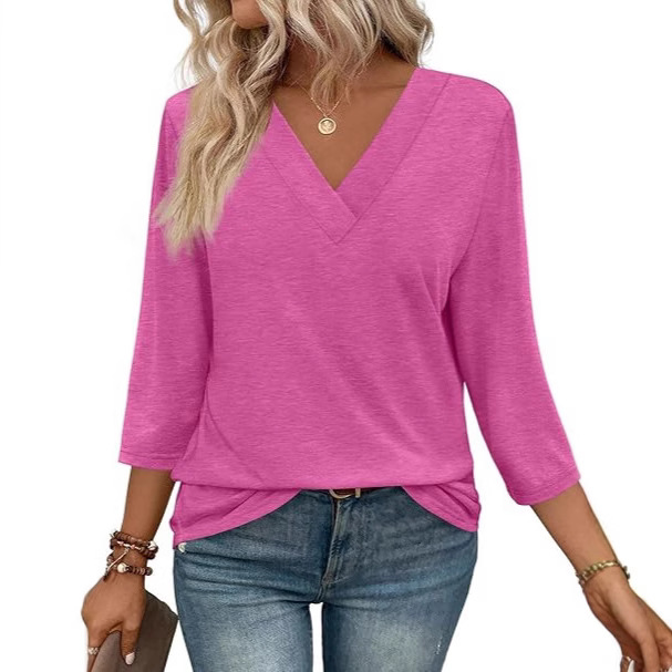 Women's V-Neck 3/4 Sleeve Knit Top - Fitted Casual T-Shirt