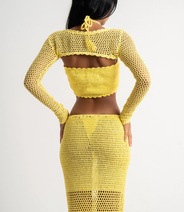Women's Knit 3-Piece Set: Crop Top, Long-Sleeve Cardigan & Bodycon Midi Skirt