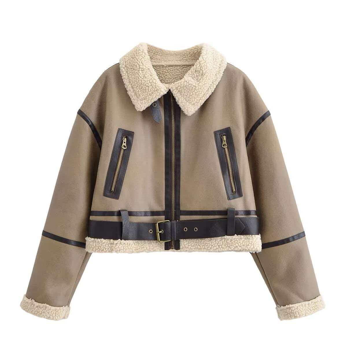 Women's Vintage Khaki Faux Suede Sherpa Panel Jacket