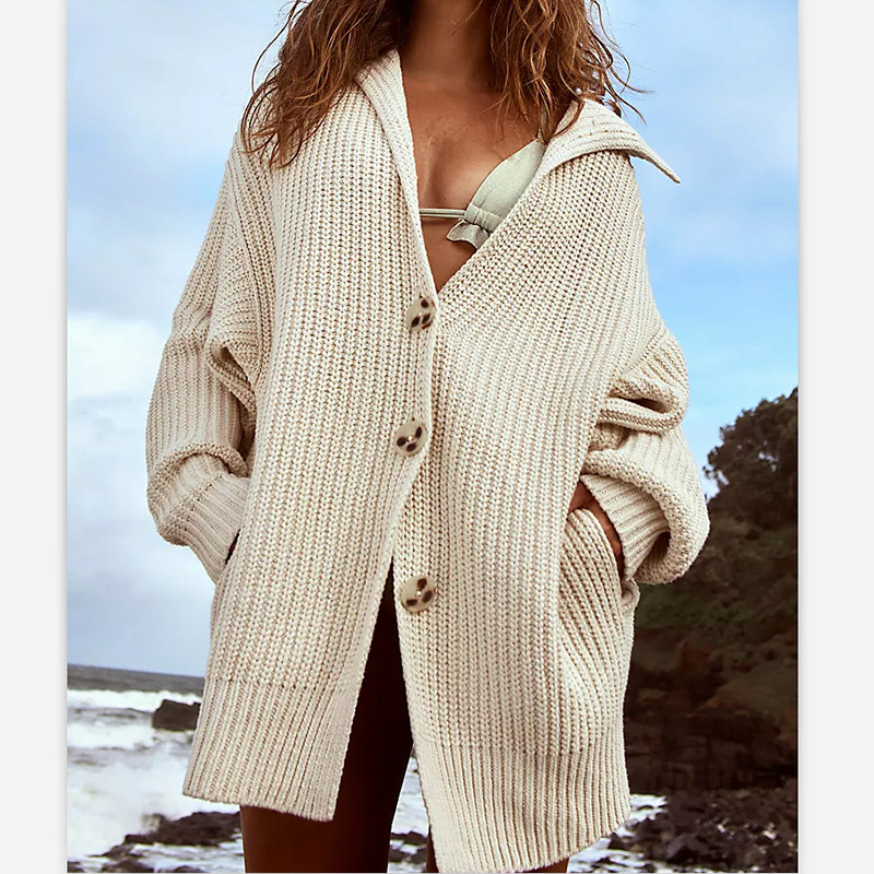 Women's Solid Color Lapel Collar Button-Down Midi Knit Cardigan with Pockets
