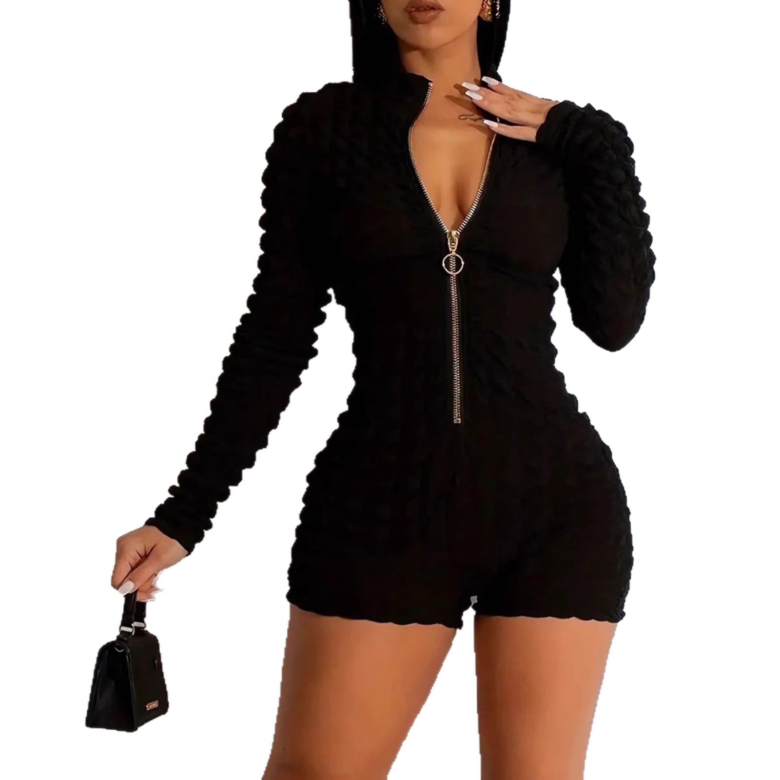 Women's Zip-Up Long Sleeve Romper Slim Fit Sexy Black