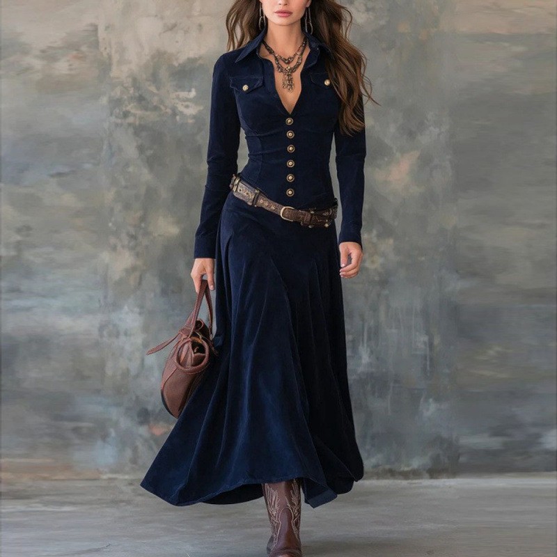 Women's Faux Suede Button-Front Long Sleeve Maxi Dress