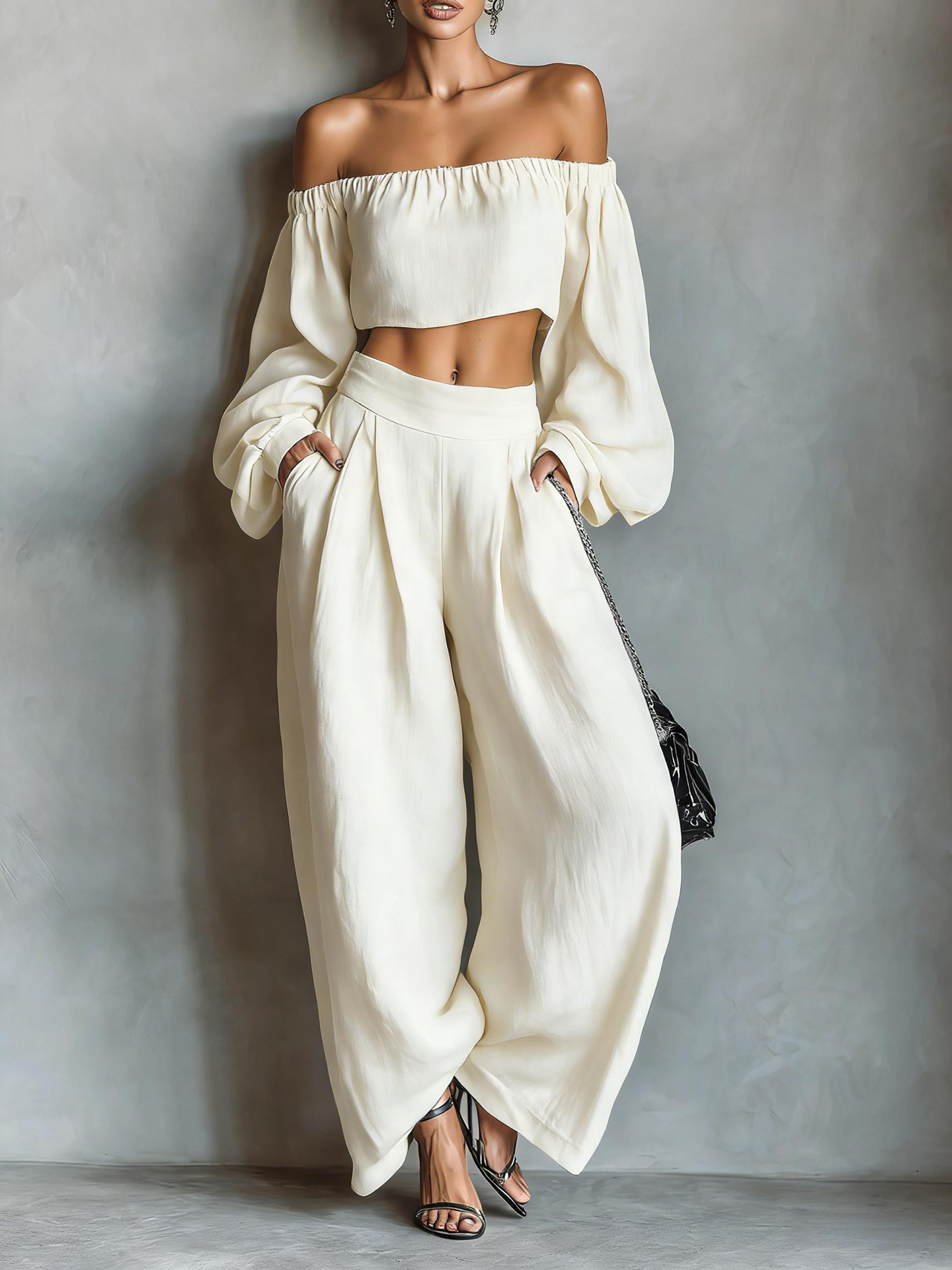 Off-Shoulder T-Shirt and Wide-Leg Pants Two-Piece Set