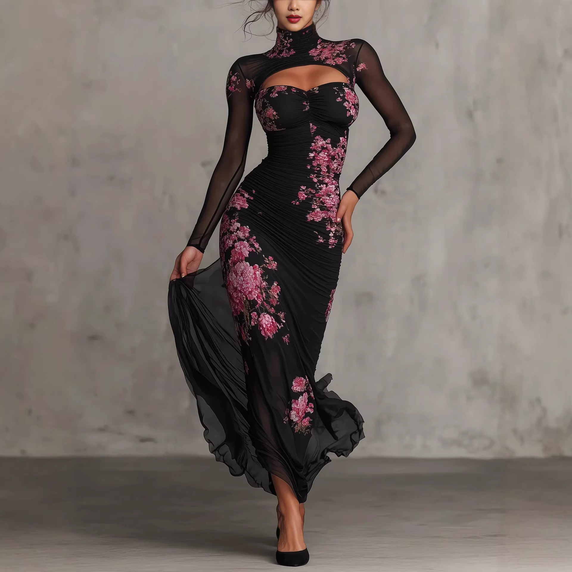 Black Mesh Print High Neck Long Sleeve Bodycon Mermaid Dress