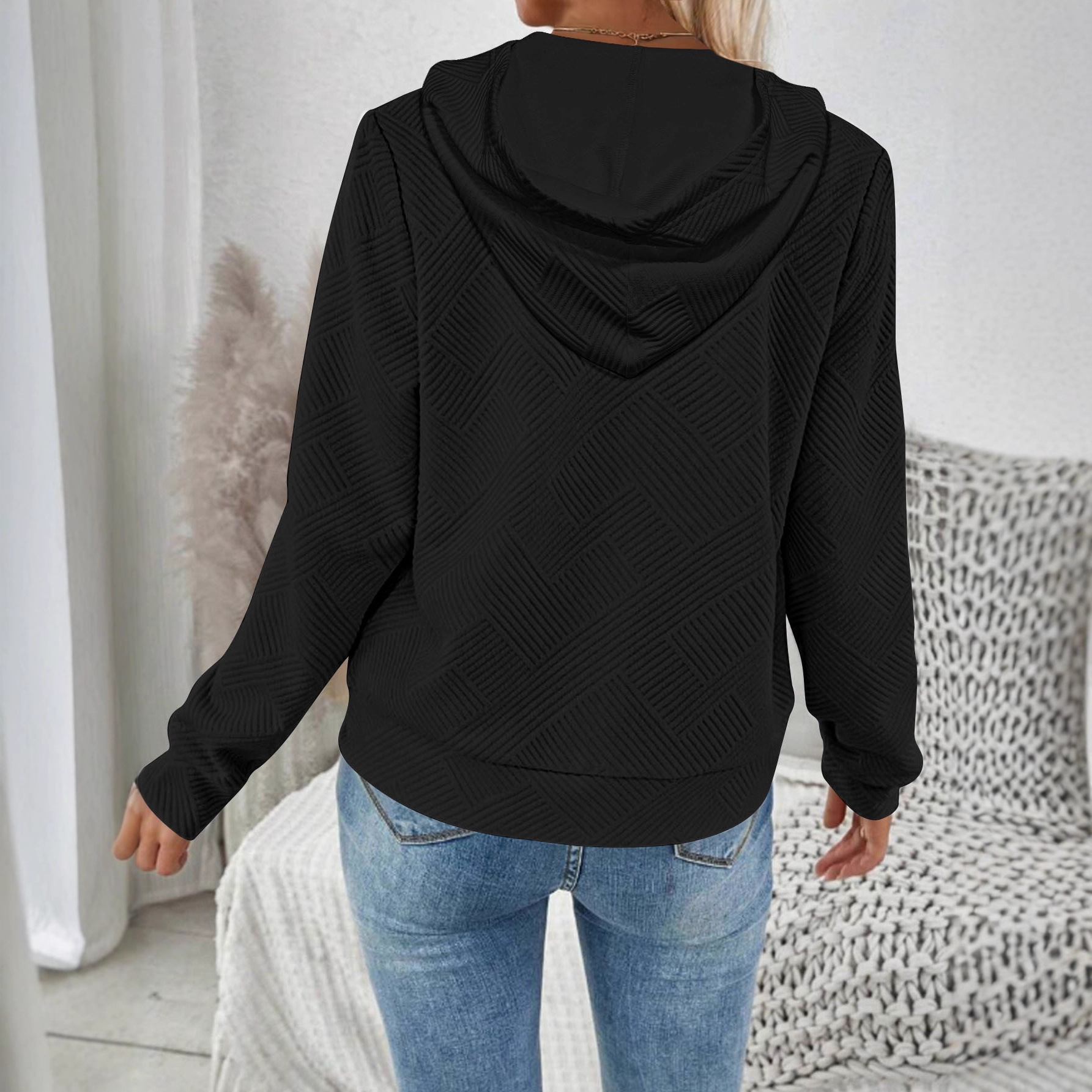 Jacquard Hooded Zip-Up Cardigan Sweatshirt Women's Casual Long-Sleeve Jacket