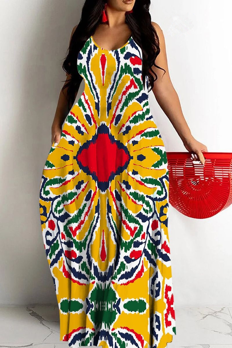 Women's Printed Deep V-Neck Sleeveless Maxi Dress
