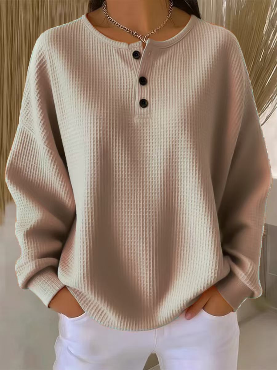 Waffle Knit Crewneck Pullover Loose Fit Solid Color Top