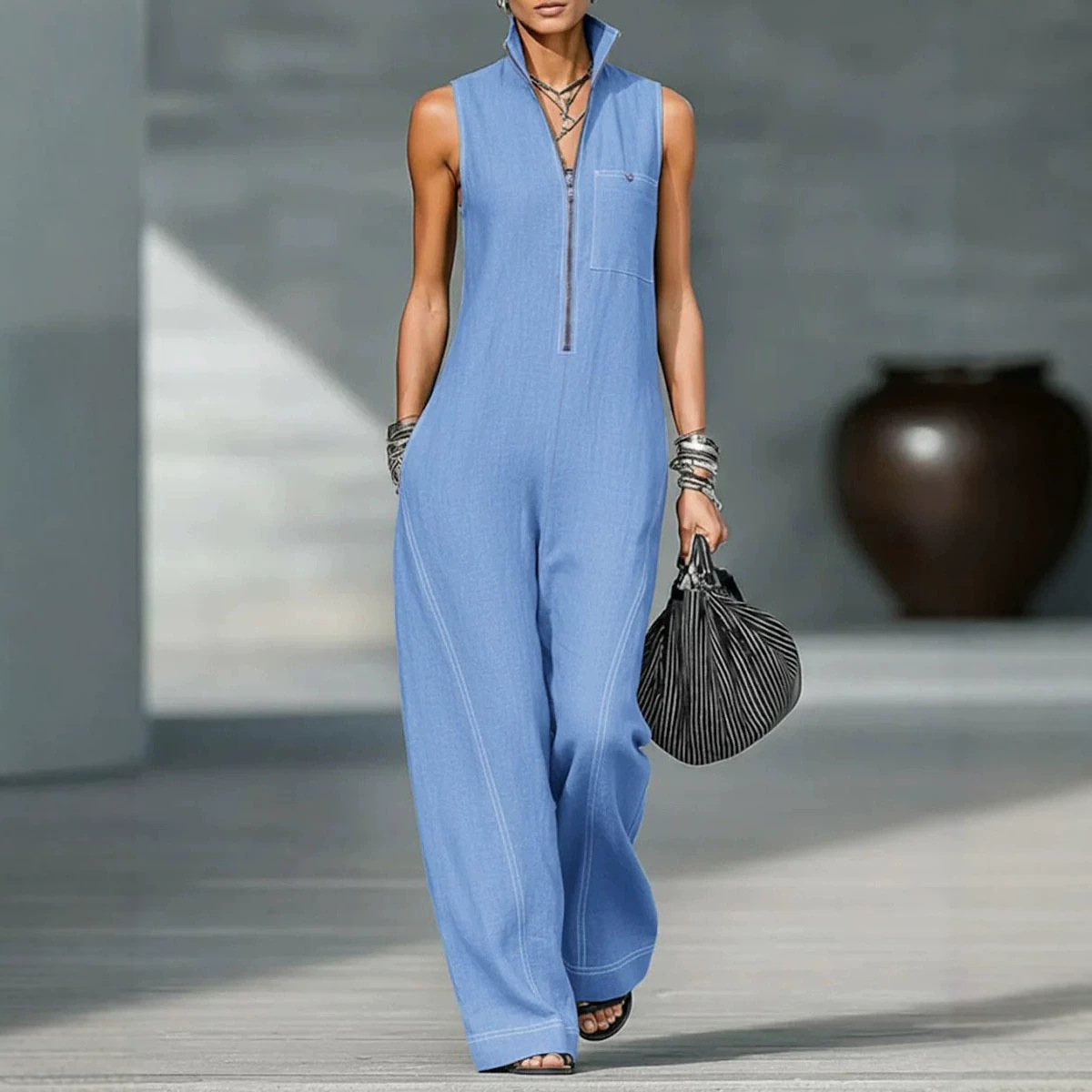 Women's Sleeveless Stand Collar Wide-Leg Jumpsuit