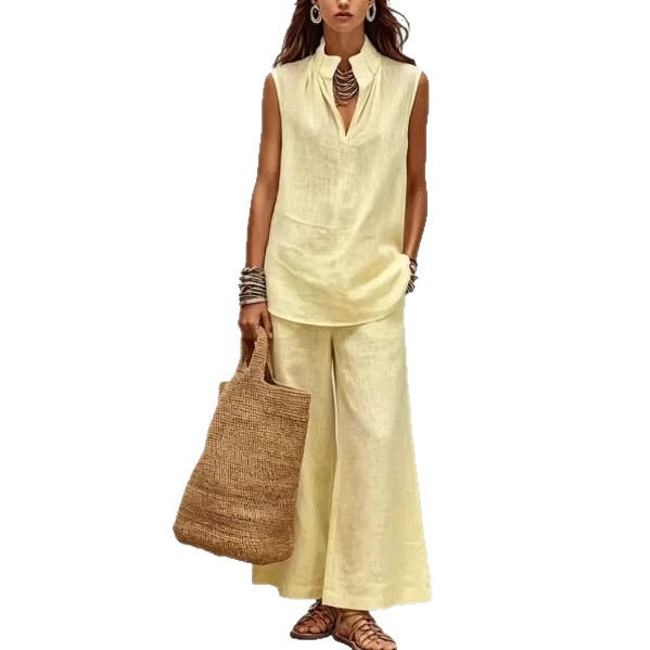 Solid Sleeveless Deep V Stand Collar Two-Piece Pants Set