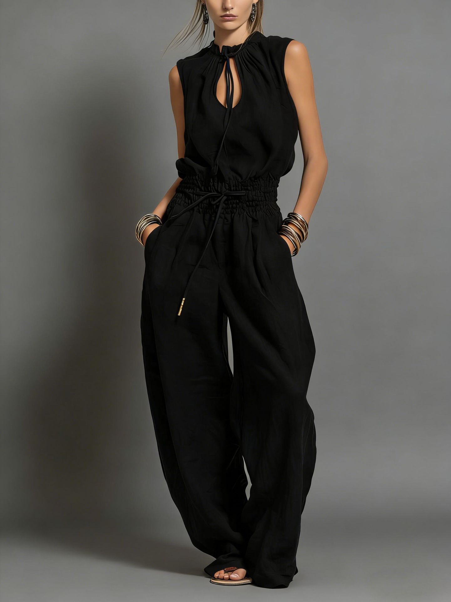 Women's Sleeveless Wide-Leg Jumpsuit with Cinched Waist Streetwear