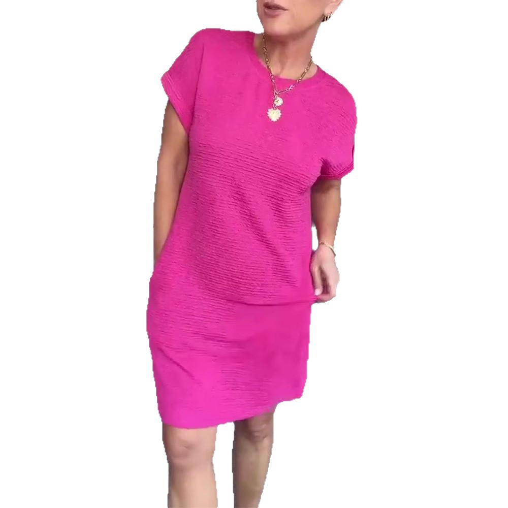 Women's Casual Solid Crewneck Short Sleeve Pocket Midi Dress