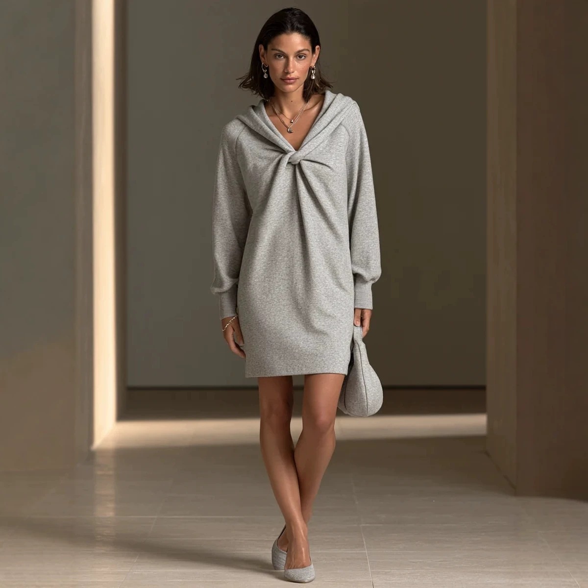 Women's Twist Front Loose Hooded Mini Dress