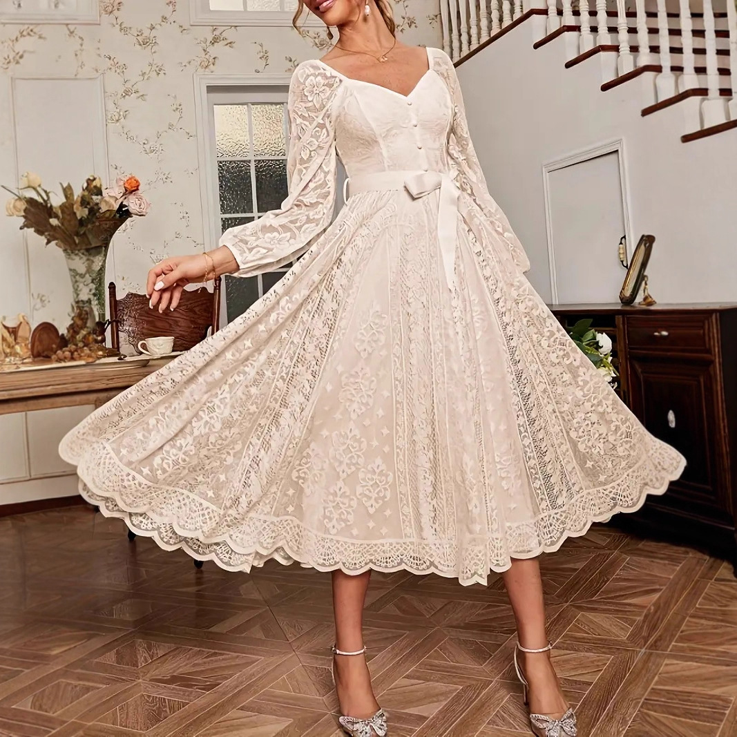 Elegant Vintage Lace V-Neck Long Sleeve A-Line Maxi Dress