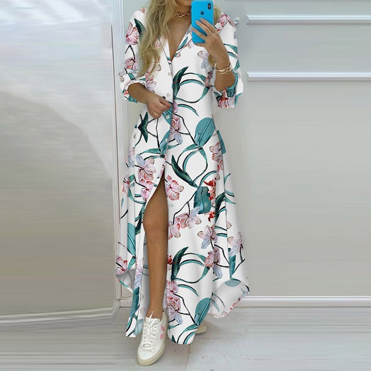 Women's Printed V-Neck Long Sleeve High Waist Irregular Hem Single-Breasted Dress