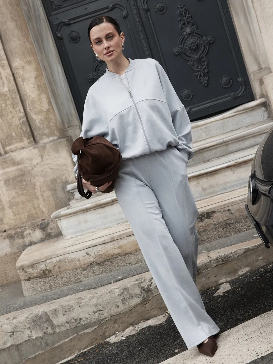 Women's Velvet Two-Piece Set with Zip Cardigan and Elastic Wide-Leg Pants
