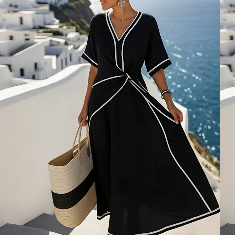 Women's V-Neck Tie Striped Dress Casual Comfortable Long