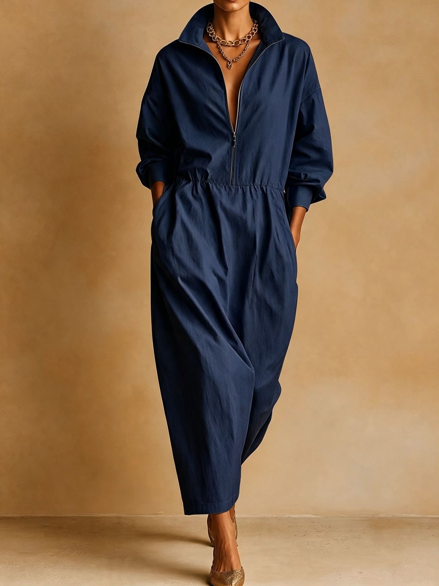 Women's Stand Collar Loose Pocket Midi Dress