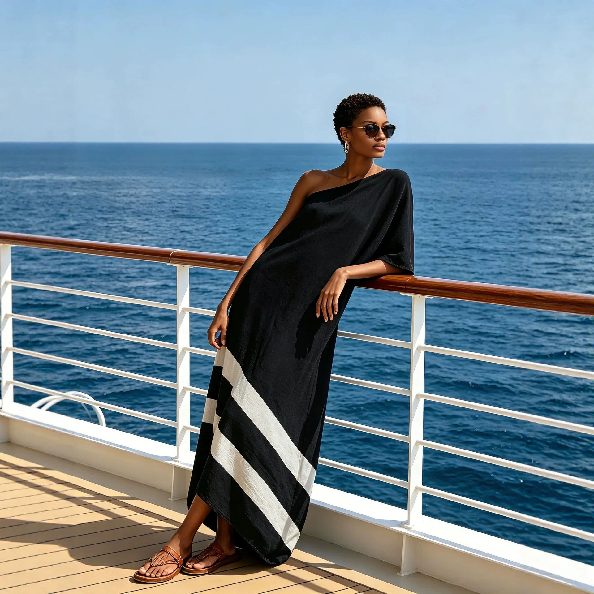 Minimalist Color-Block Linen-Blend One-Shoulder Long Dress