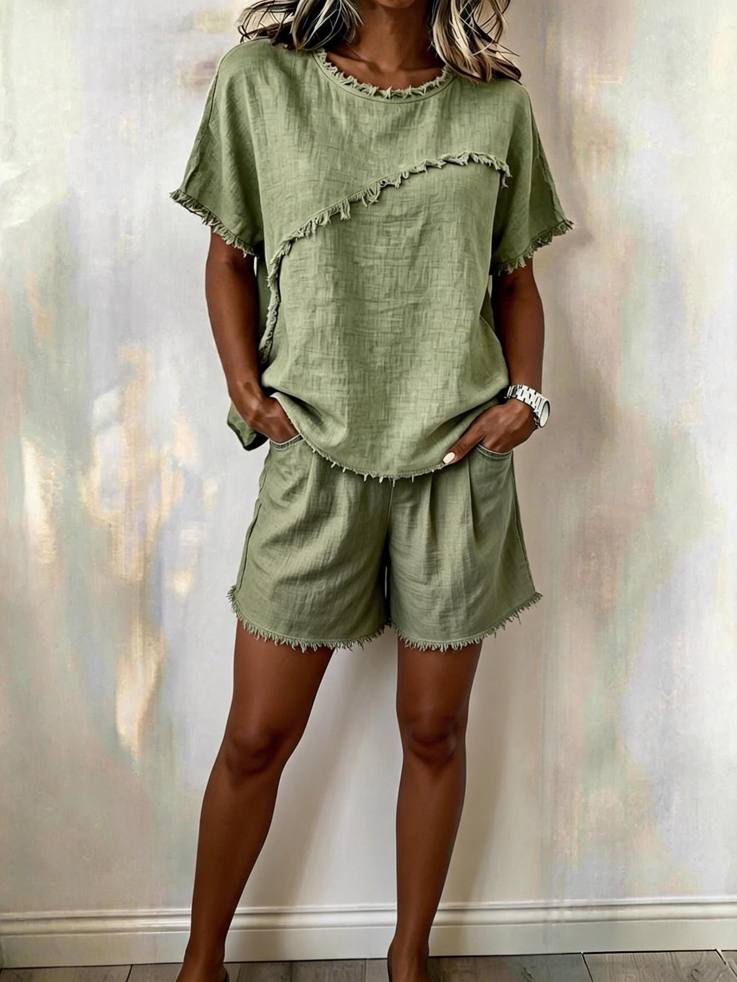 Women's Linen Two-Piece Set Crewneck Top & Shorts Casual