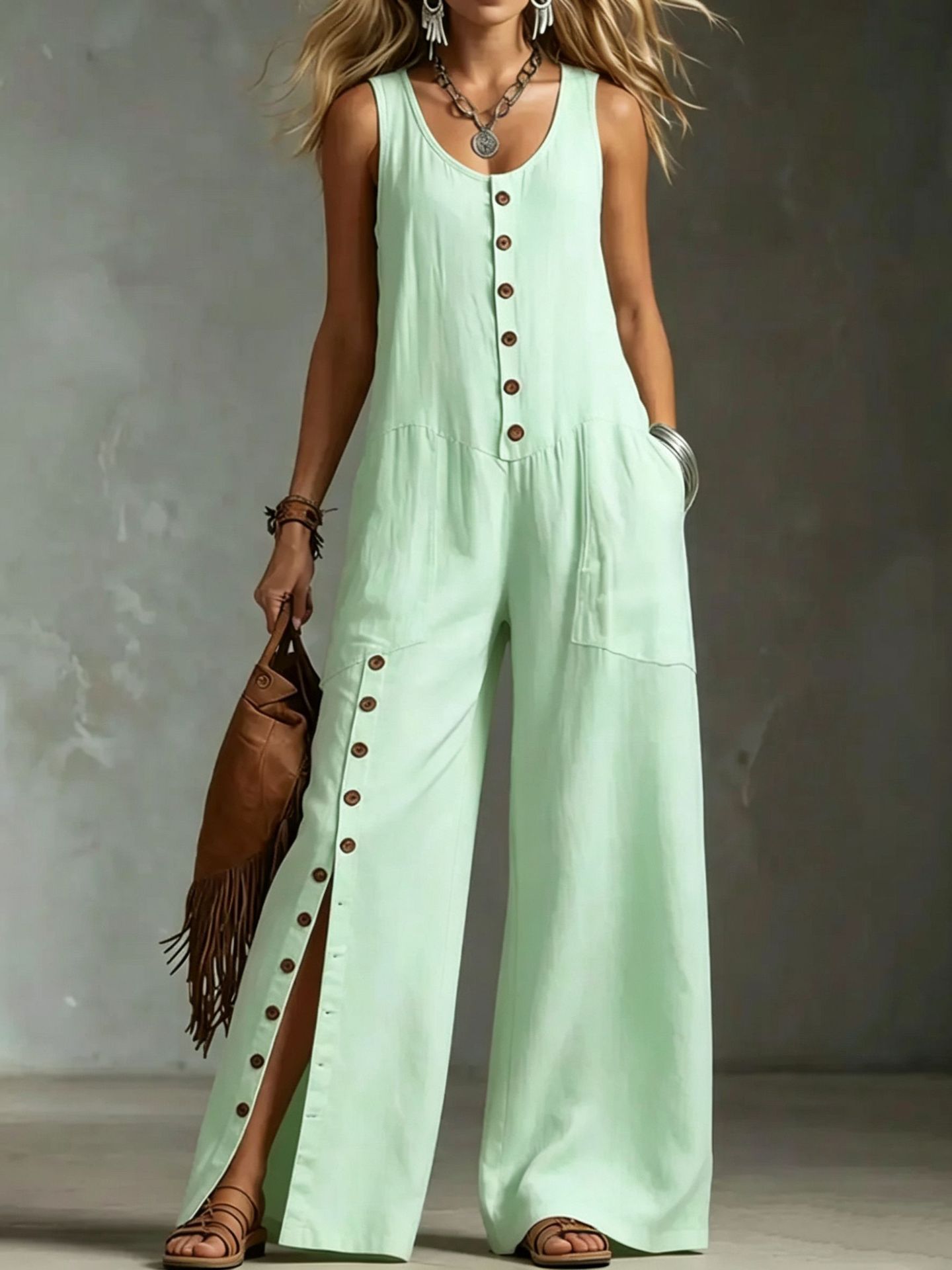 Women's Sleeveless Linen-Blend Button Pocket Jumpsuit
