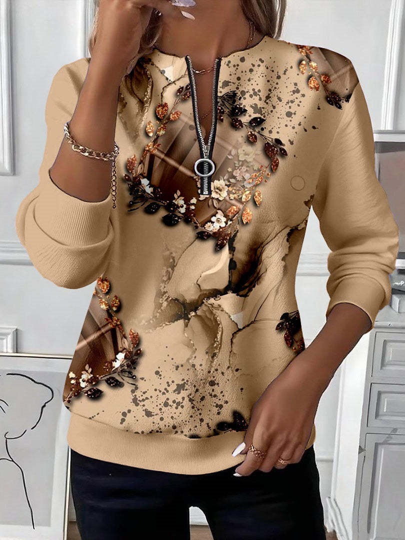 Women's Boho Print Long Sleeve Zip-Up Sweatshirt Casual Top