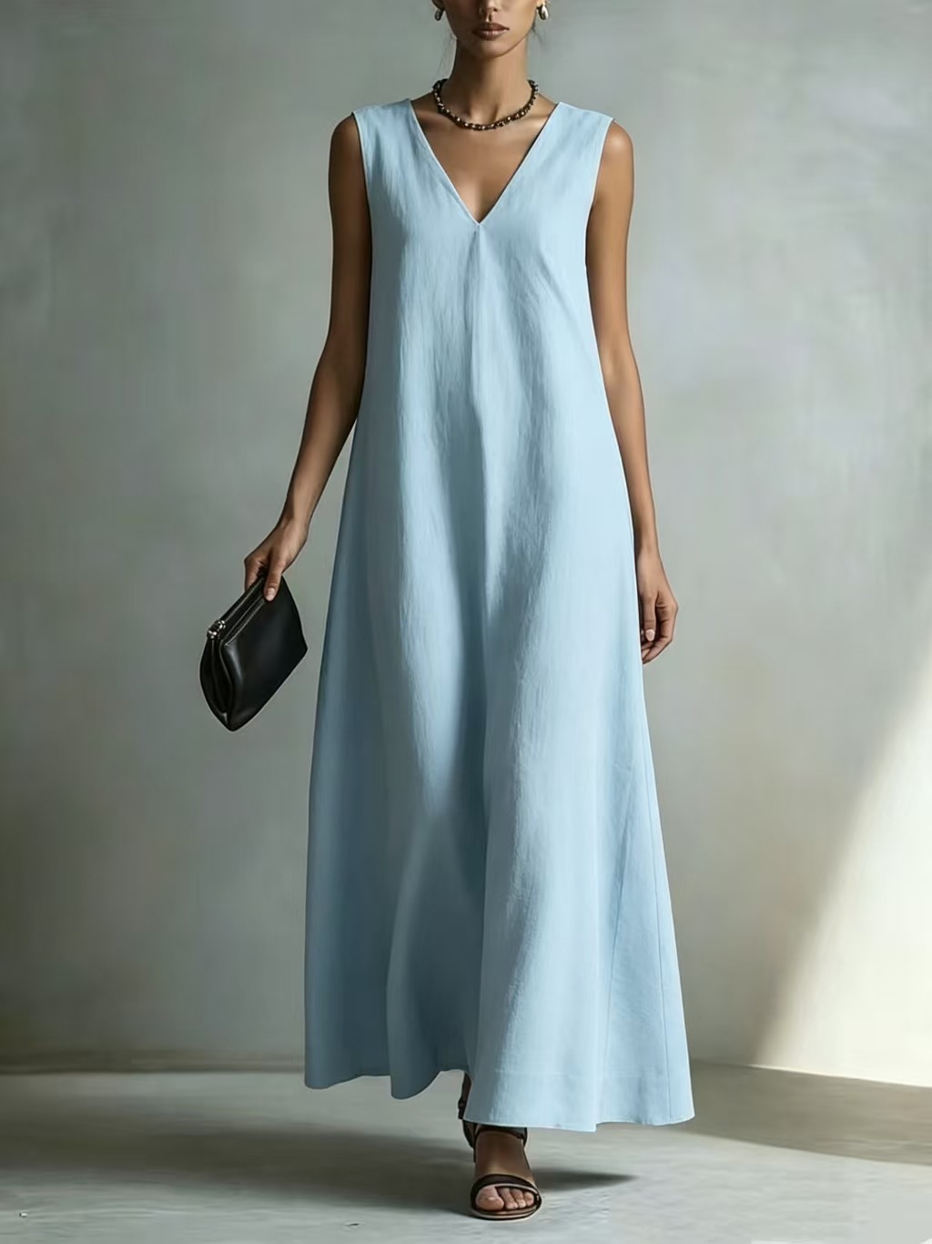 Women's V-Neck Sleeveless Cotton Linen Dress Casual A-Line Midi