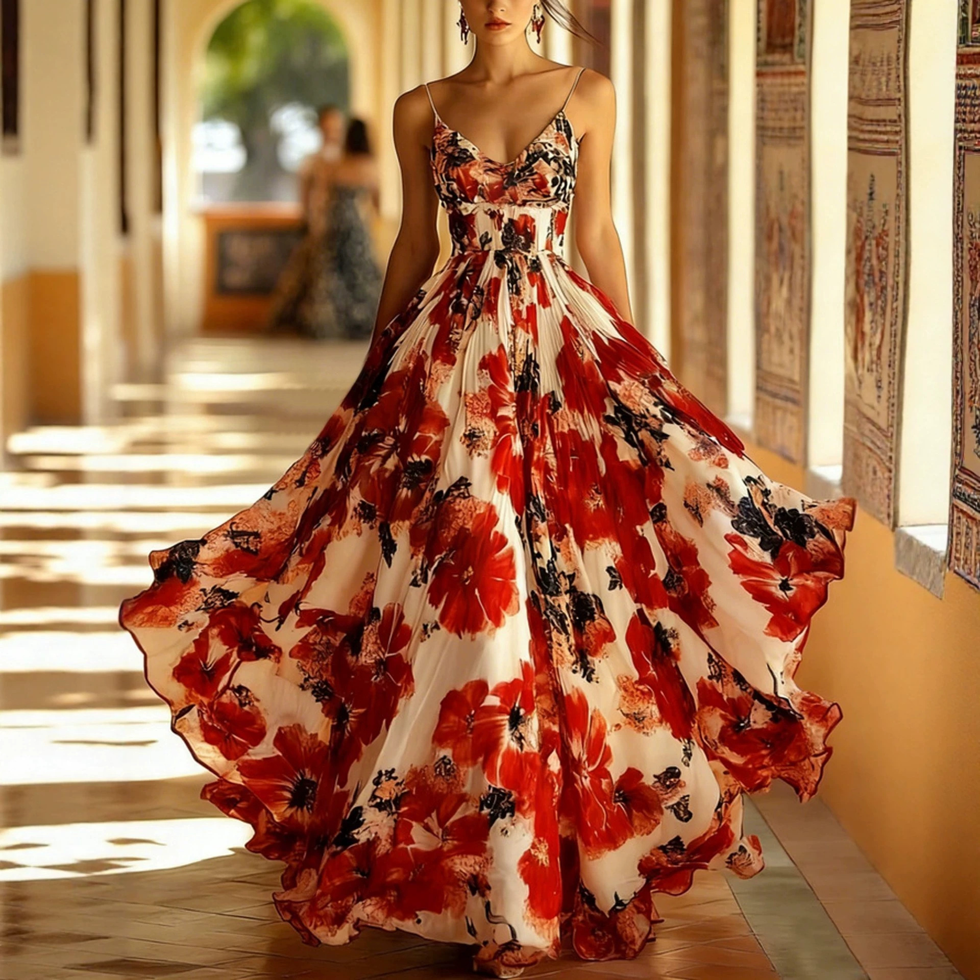 Women's Sleeveless Floral Print V-Neck Maxi Dress