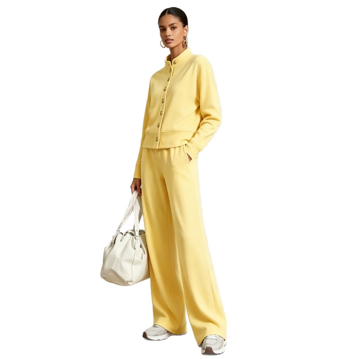 Women's Solid Stand-Collar Cardigan Hoodie & Wide-Leg Pants Set