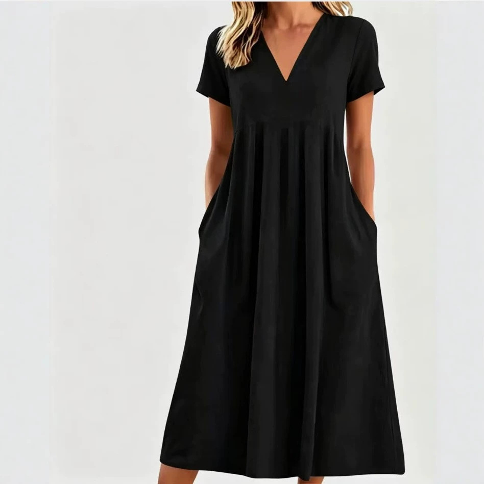 Solid V-Neck Short Sleeve Loose Casual Dress