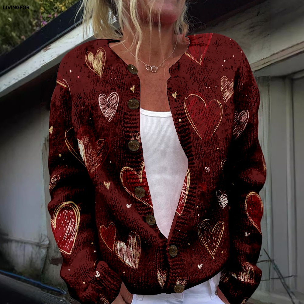 Women's Heart & Flower Print Button Cardigan Sweater