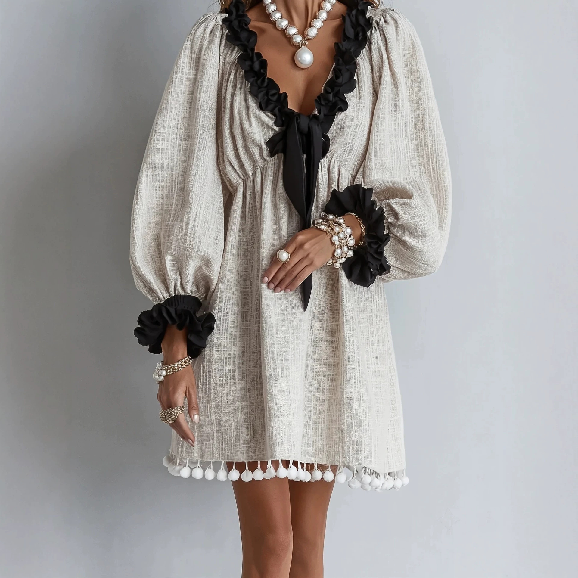Color-Block Black Lace V-Neck Puff Sleeve Cotton-Linen Short Dress Tie Waist Pom-Pom Hem